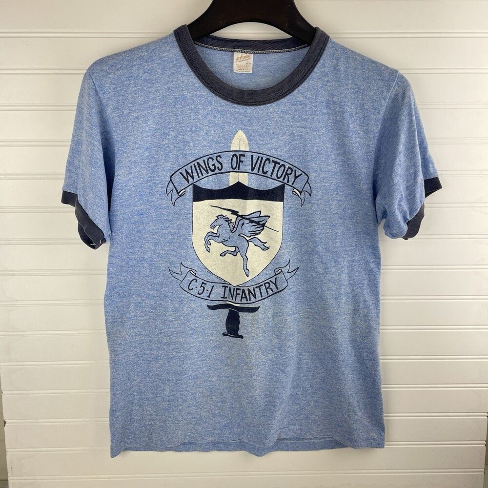 Vintage Blue Ringer T-Shirt USA Military Wings of Victory C-5-1 Infantry Large